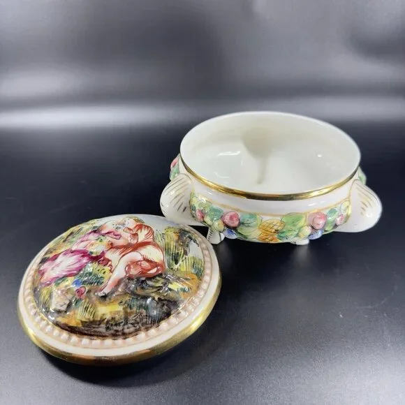 Vintage Capodimonte Italian Pottery Covered Dish Covered Bowl Dish Painted Italy